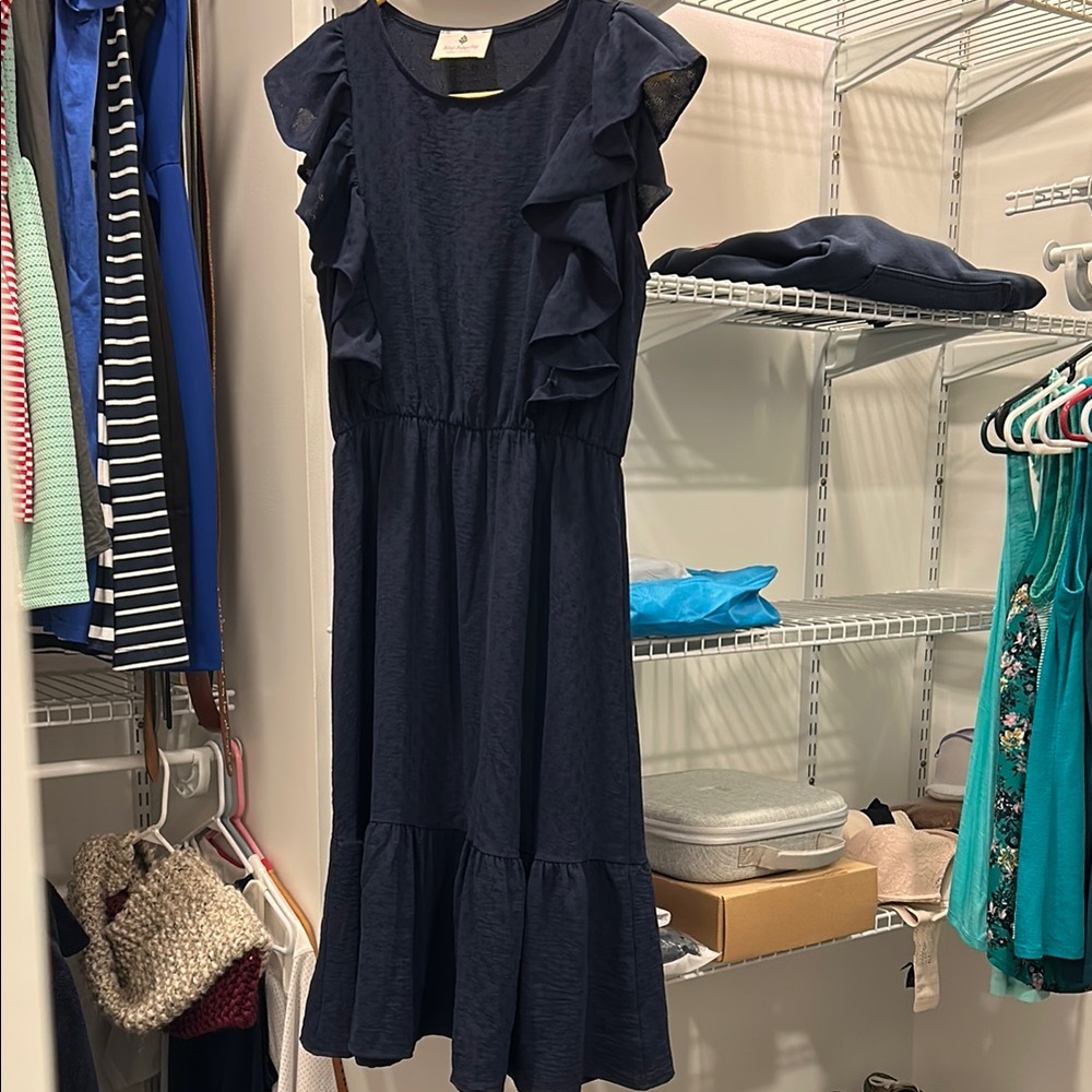 Boutique Navy Blue Ruffled Tiered Midi Sundress
